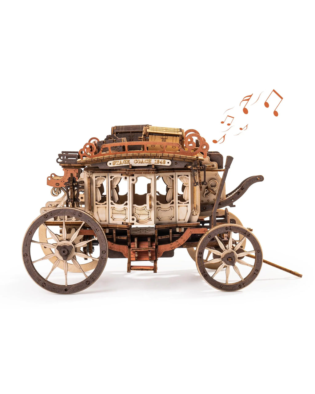 Stagecoach wooden music box 3D puzzle model kit, hand-built melody display for adults
