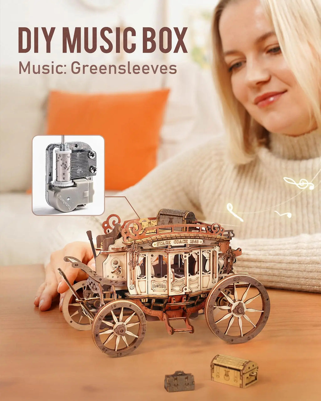 Stagecoach wooden music box 3D puzzle model kit, hand-built melody display for adults