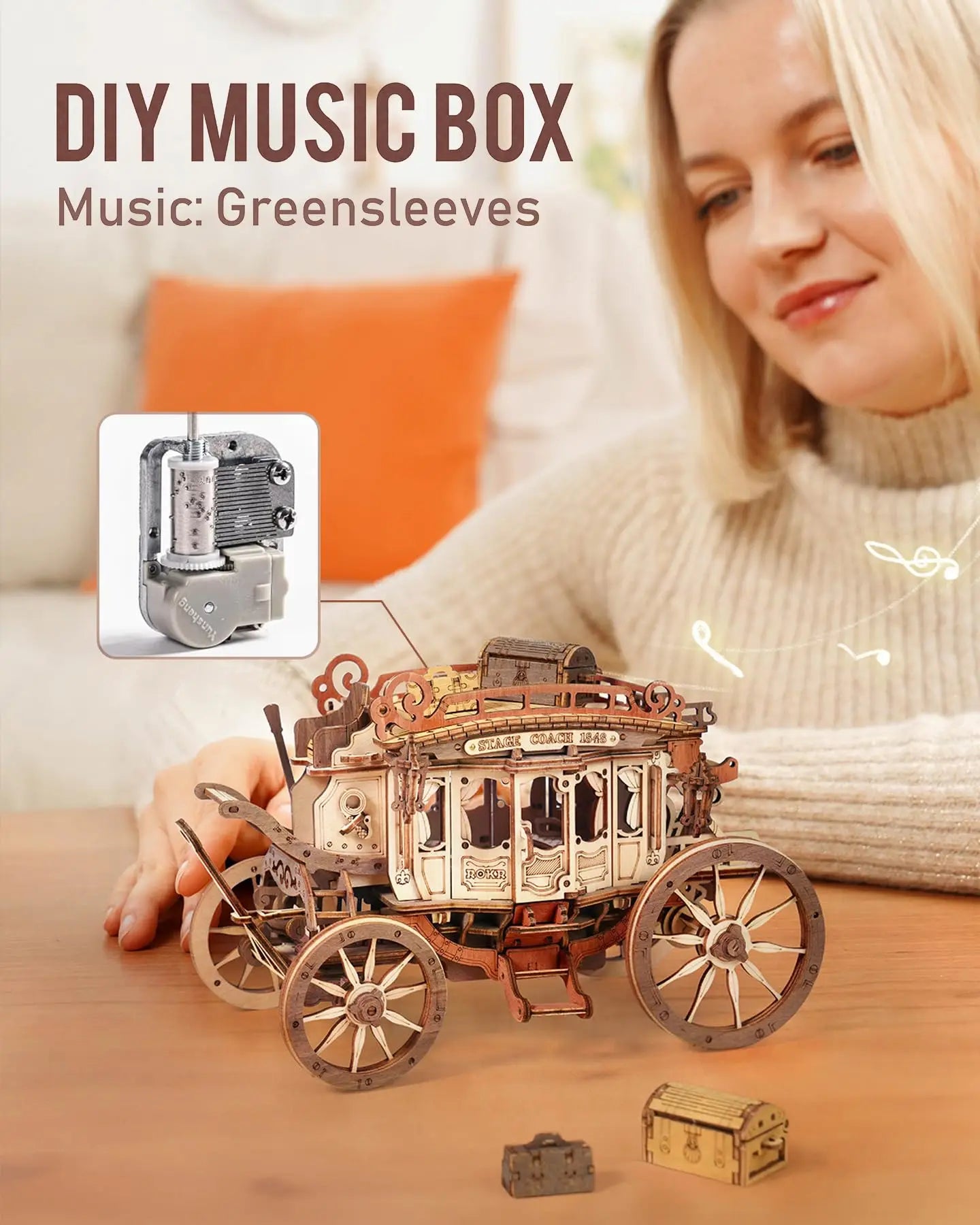 Stagecoach wooden music box 3D puzzle model kit, hand-built melody display for adults