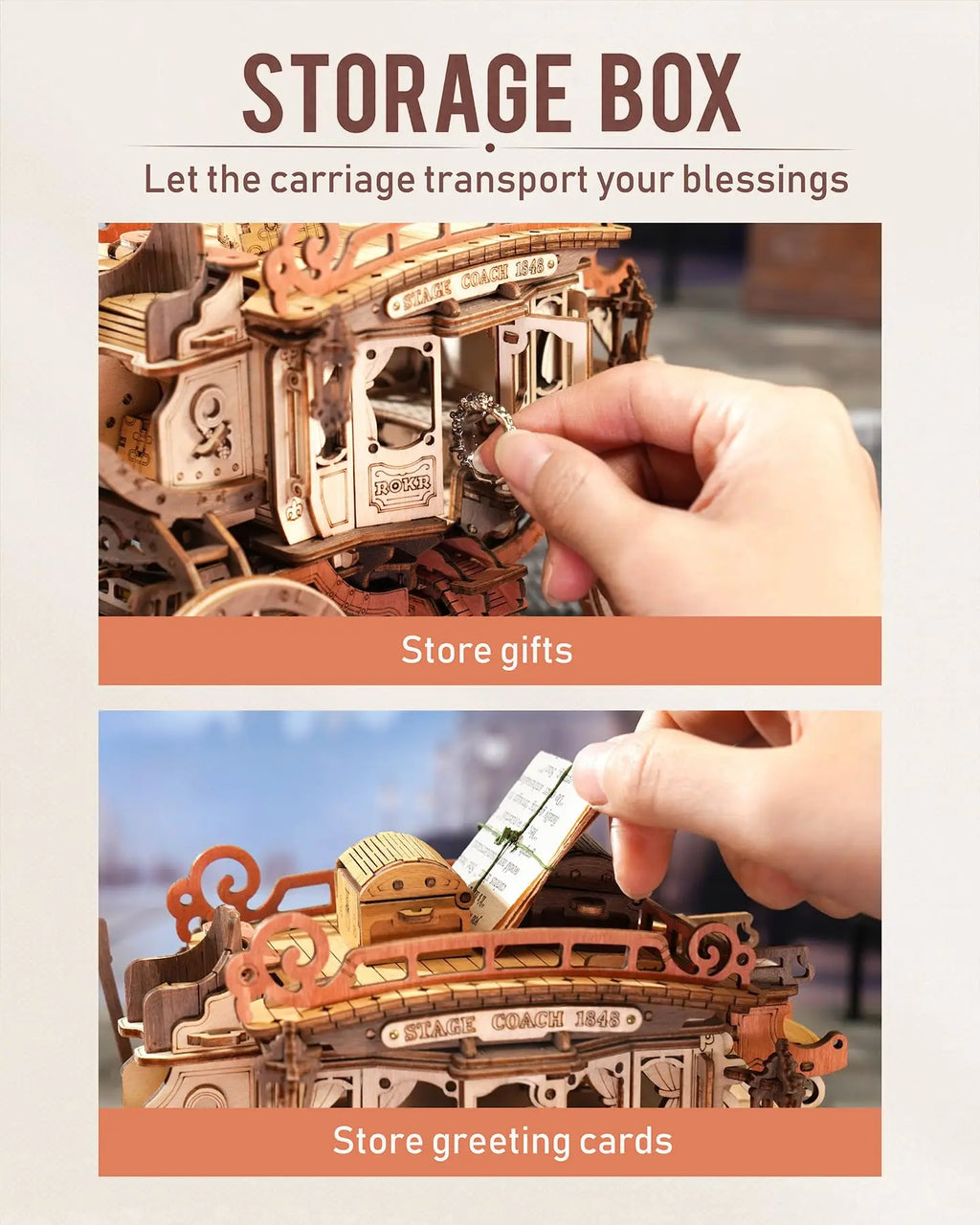 Stagecoach wooden music box 3D puzzle model kit, hand-built melody display for adults