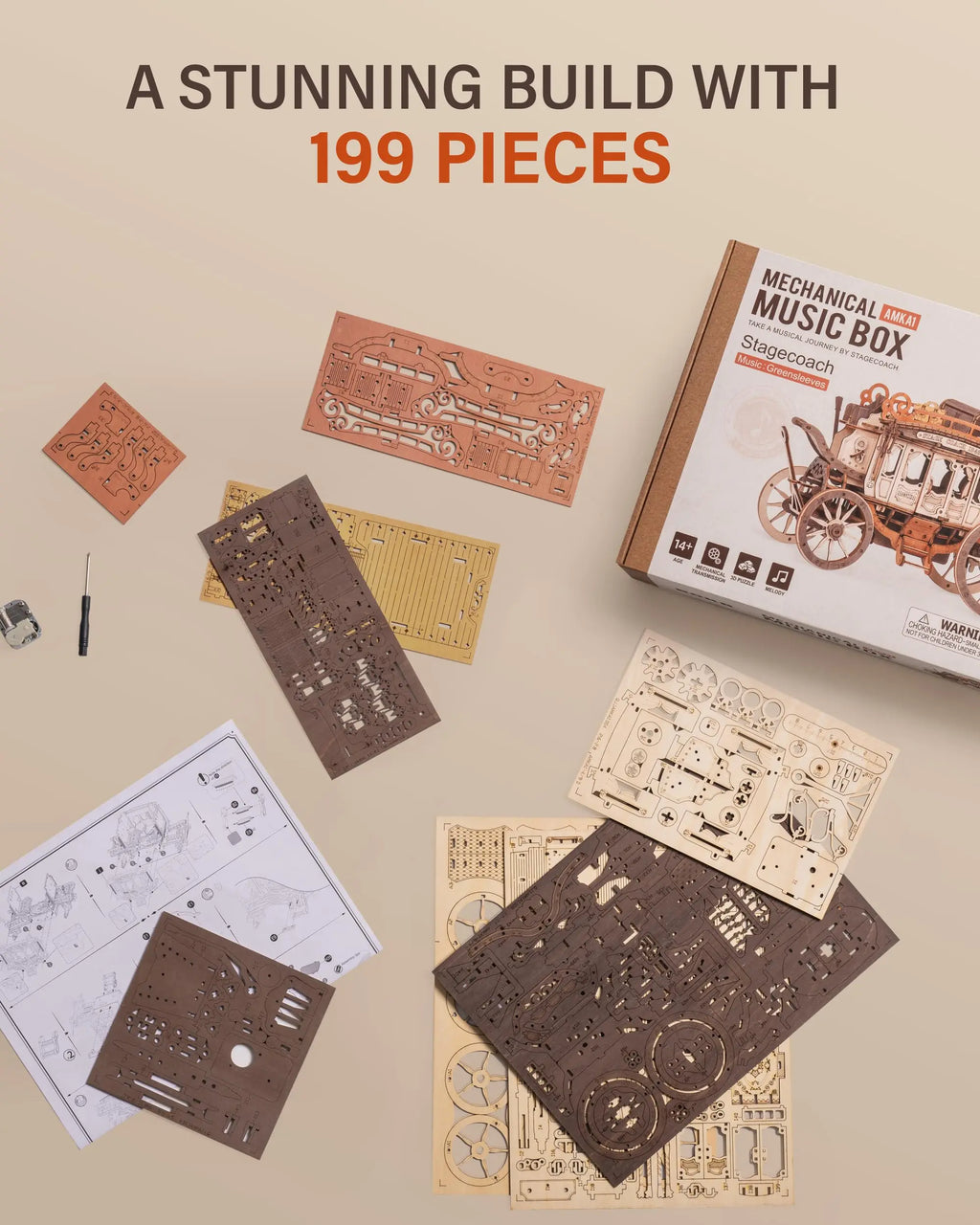 Stagecoach wooden music box 3D puzzle model kit, hand-built melody display for adults