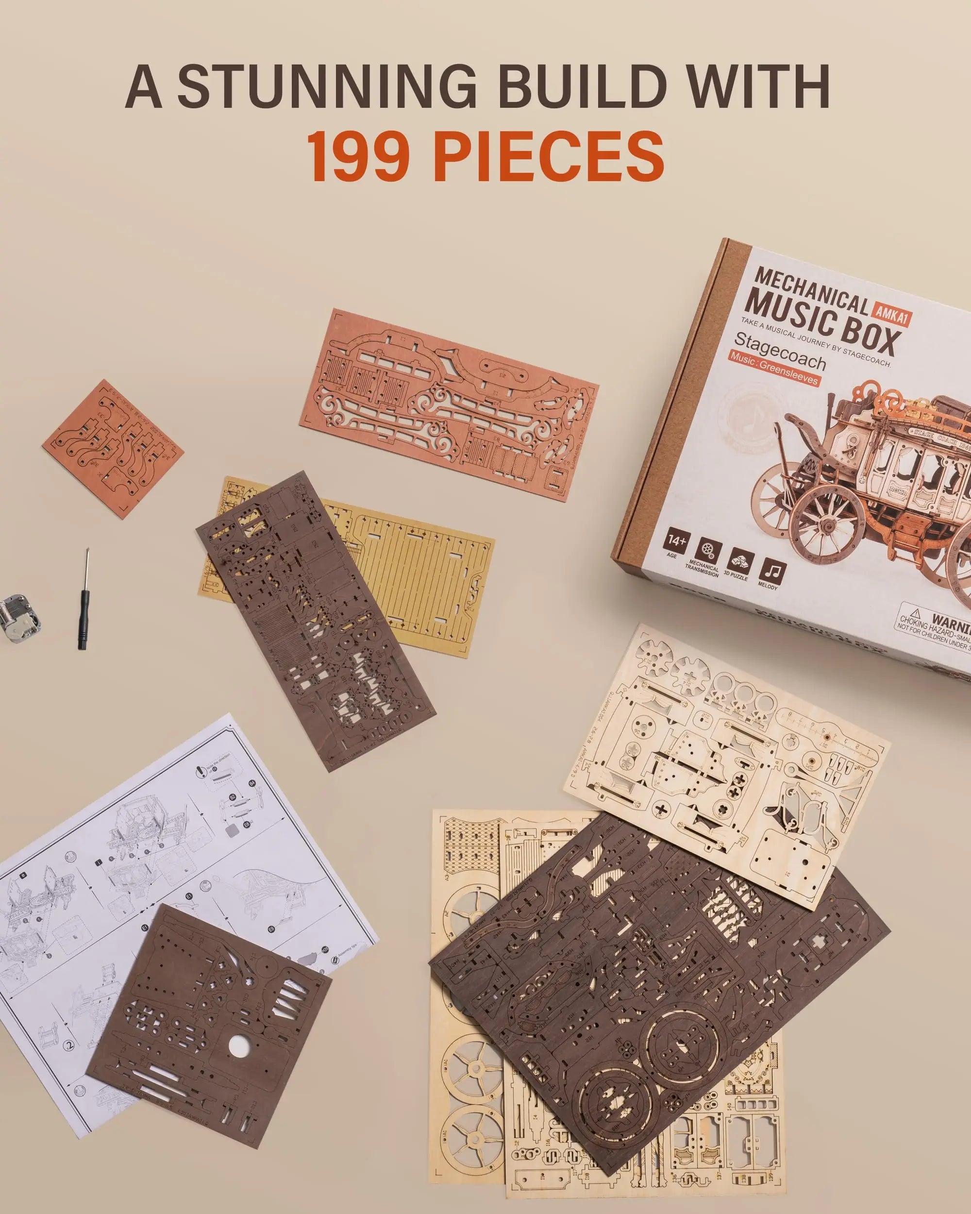 Stagecoach wooden music box 3D puzzle model kit, hand-built melody display for adults