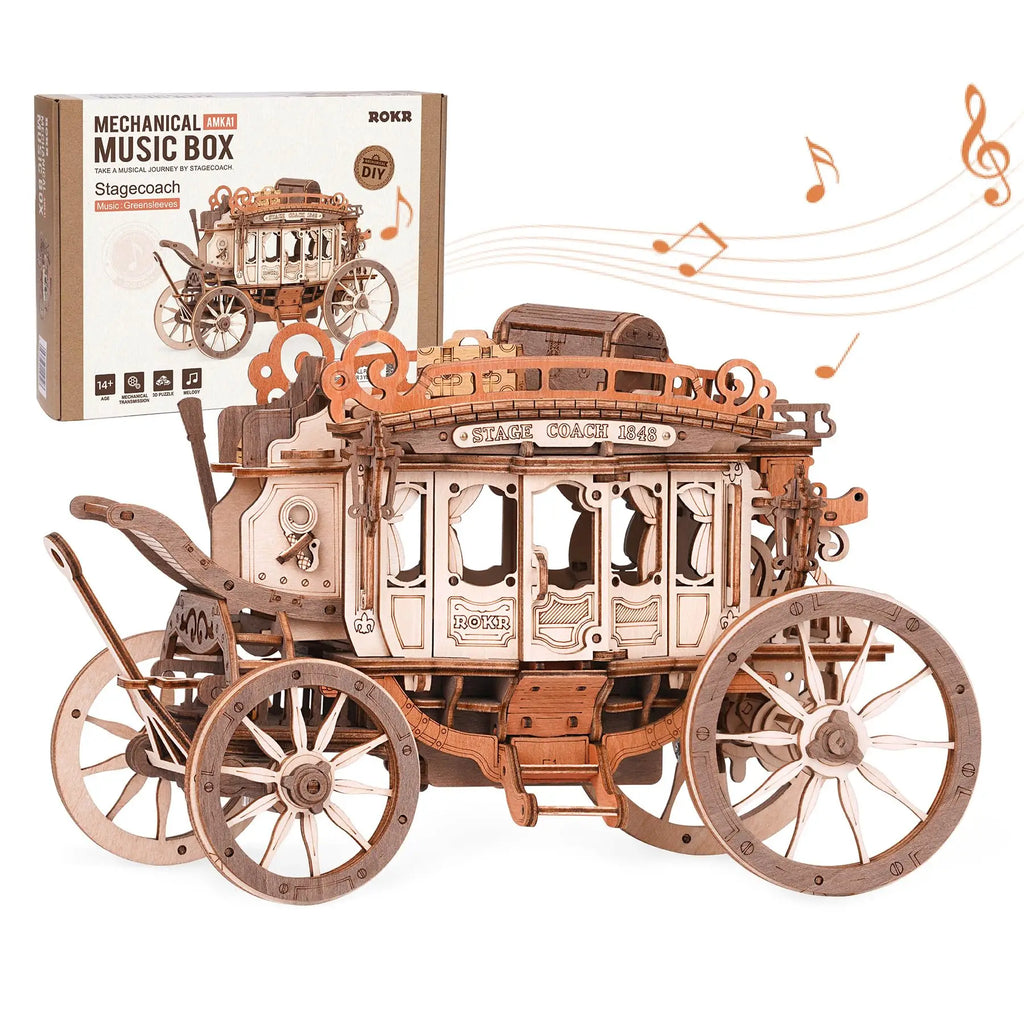 Stagecoach wooden music box 3D puzzle model kit, hand-built melody display for adults