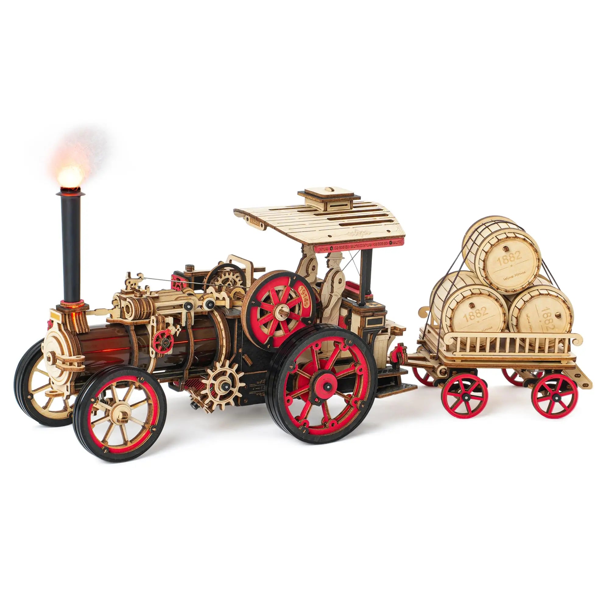 Steam engine tractor locomotive 3D wooden puzzle mechanical model kit, desk display