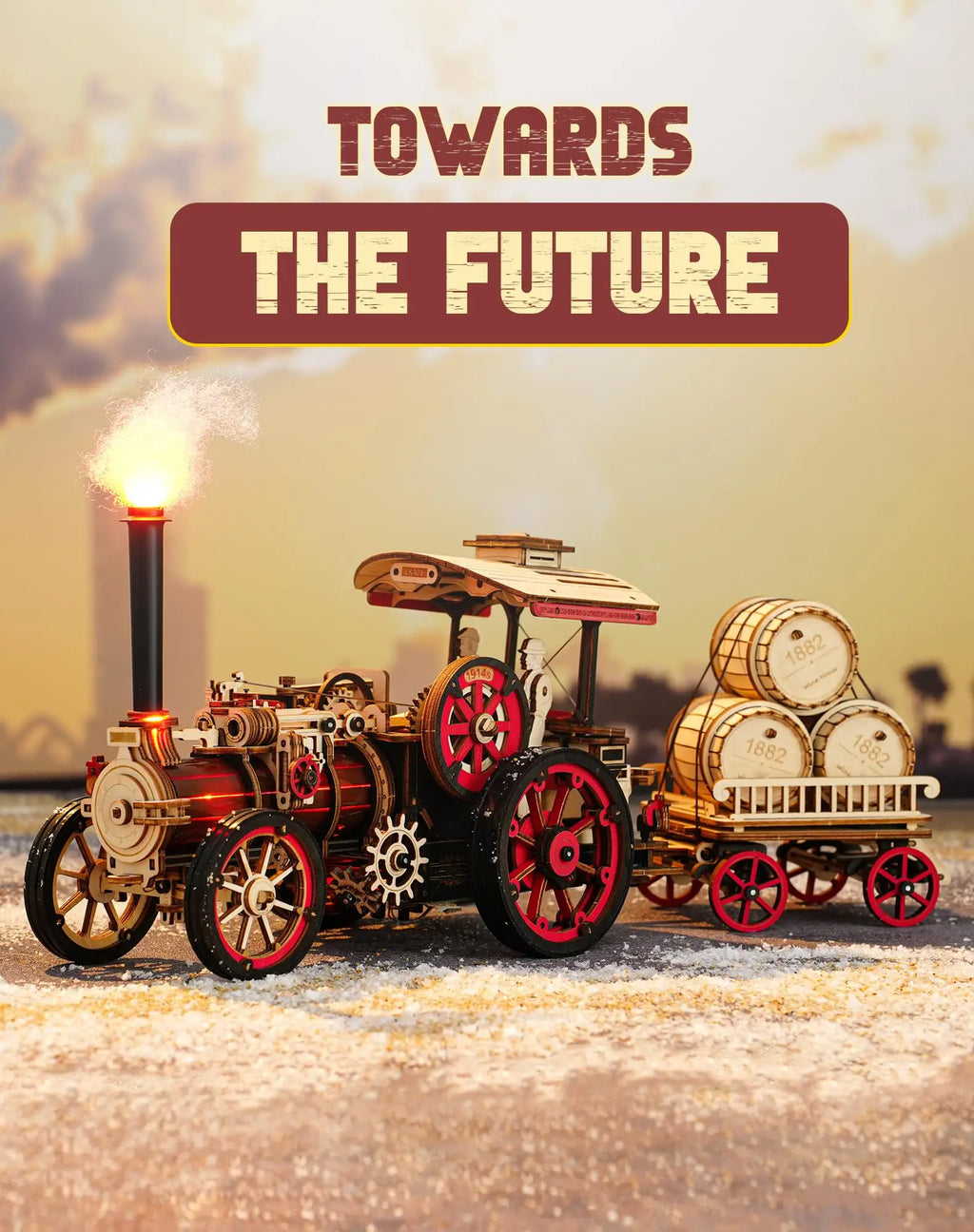 Steam engine tractor locomotive 3D wooden puzzle mechanical model kit, desk display