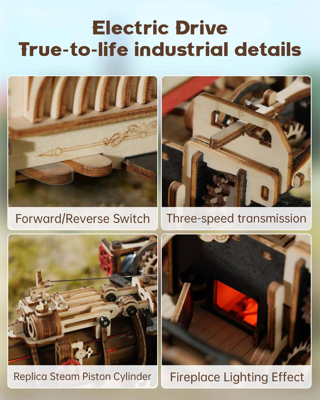 Steam engine tractor locomotive 3D wooden puzzle mechanical model kit, desk display