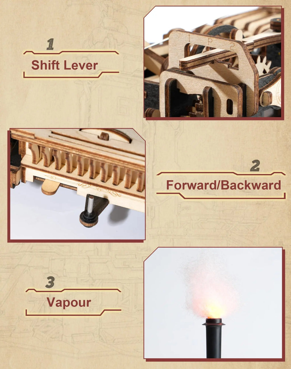 Steam engine tractor locomotive 3D wooden puzzle mechanical model kit, desk display