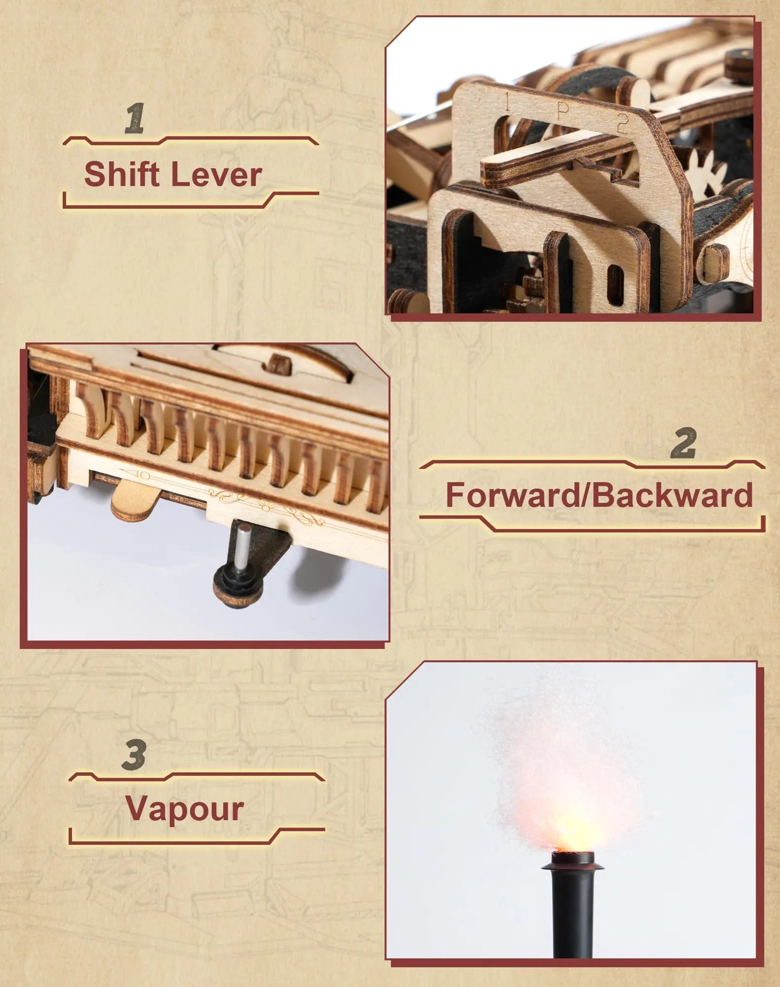 Steam engine tractor locomotive 3D wooden puzzle mechanical model kit, desk display