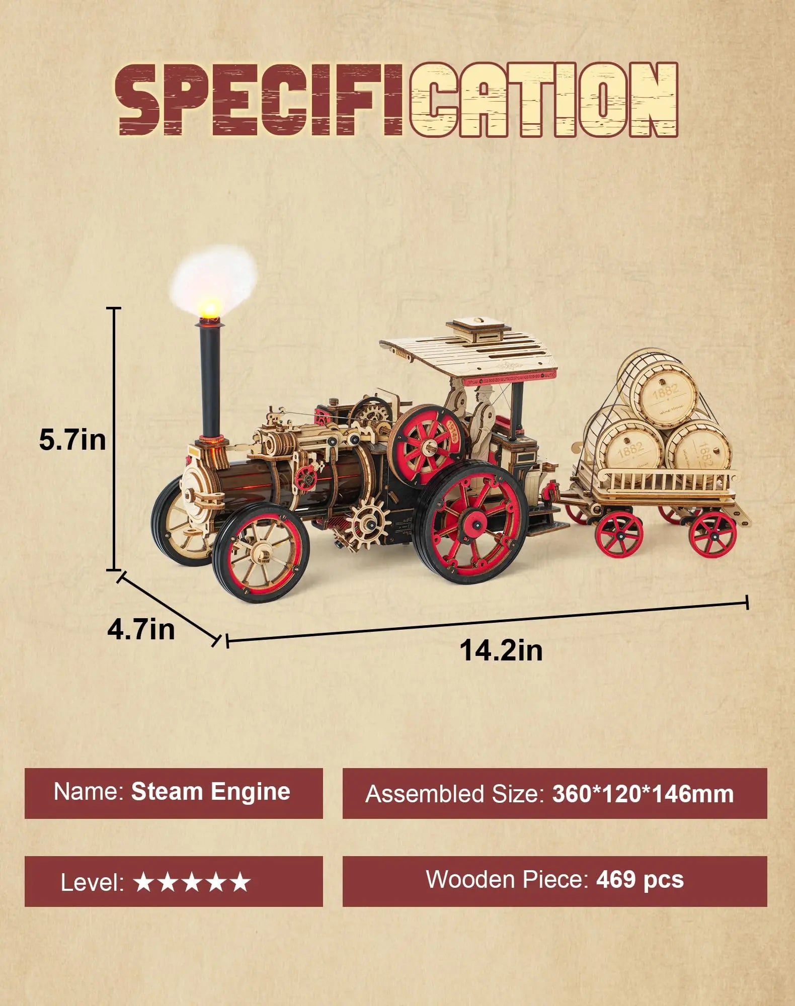 Steam engine tractor locomotive 3D wooden puzzle mechanical model kit, desk display