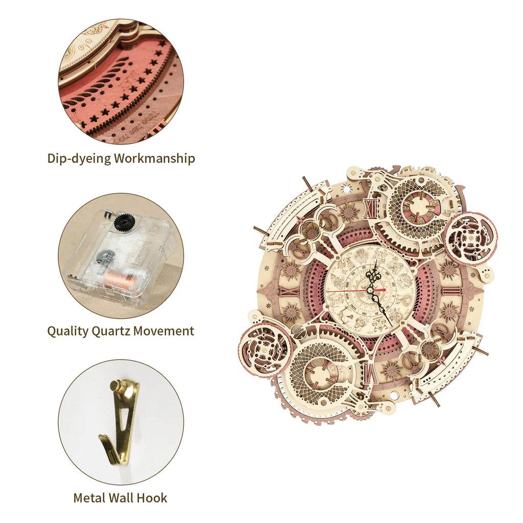 3D wooden steampunk wall clock puzzle, DIY mechanical quartz model kit