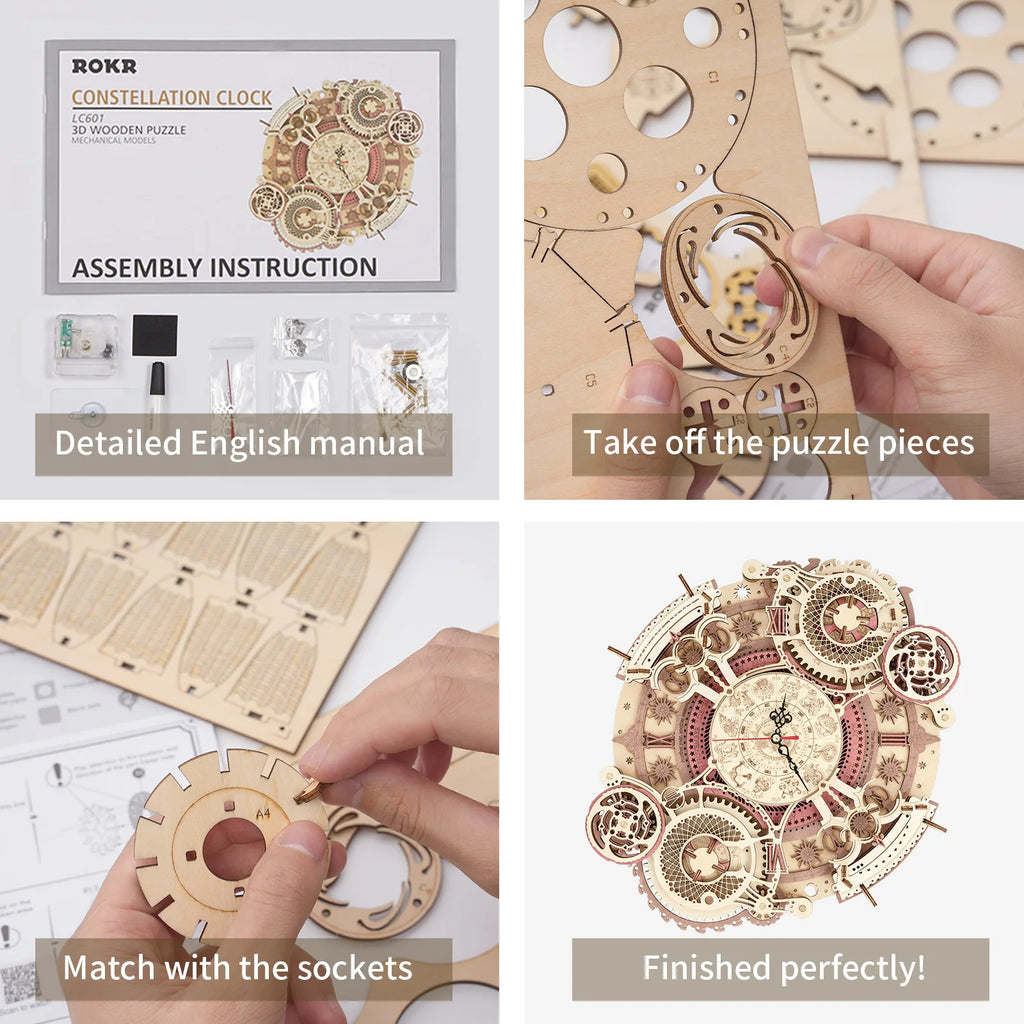 3D wooden steampunk wall clock puzzle, DIY mechanical quartz model kit