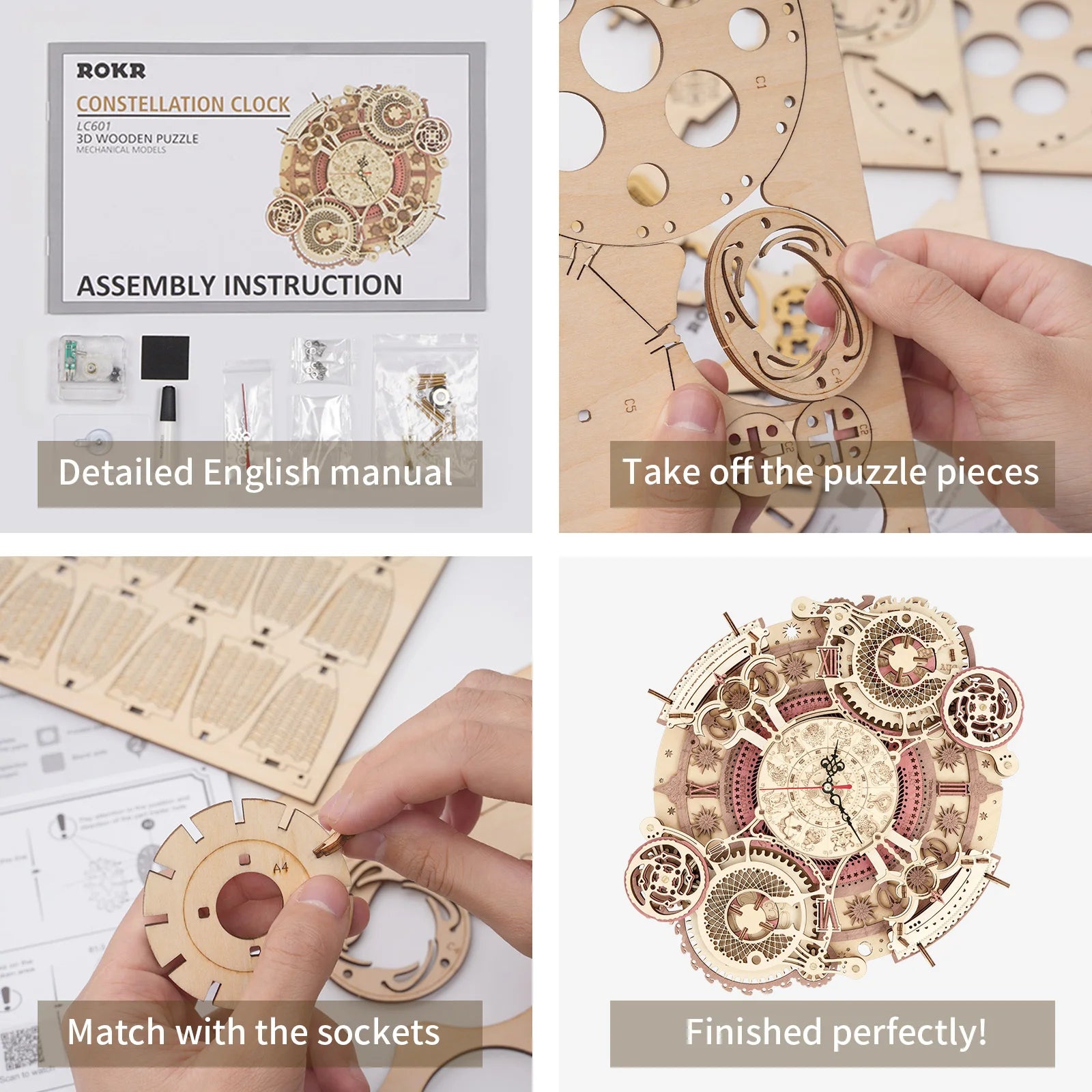 3D wooden steampunk wall clock puzzle, DIY mechanical quartz model kit