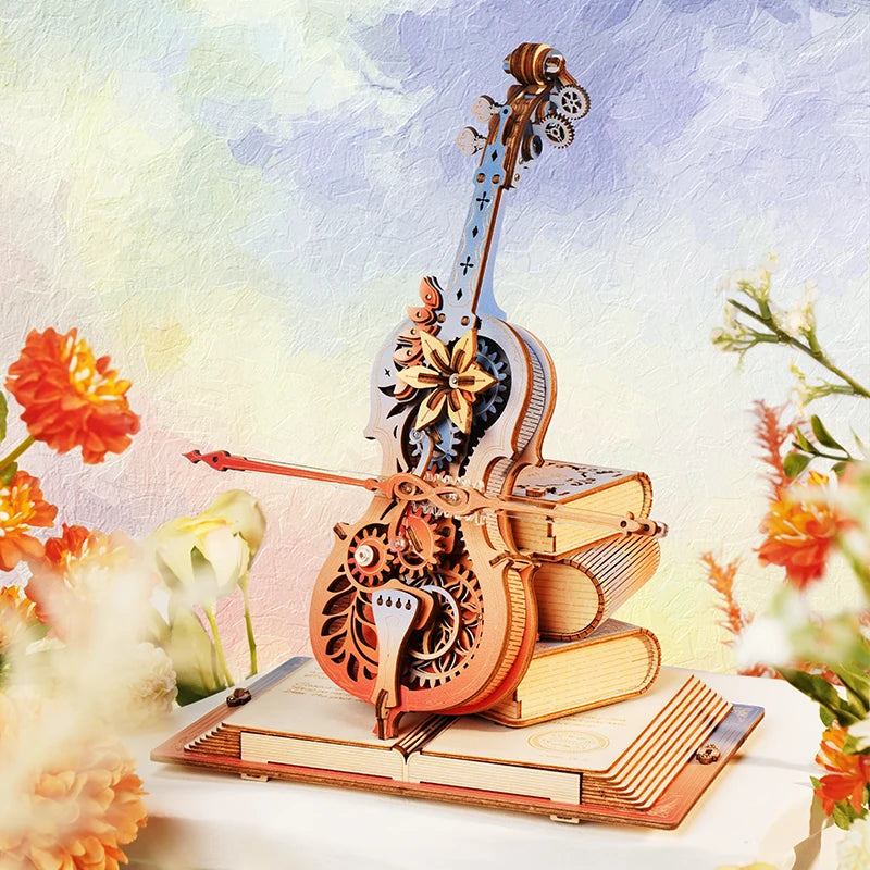 Symphony of dreams mechanical music box 3D wooden puzzle kit, pre-colored DIY build for adults
