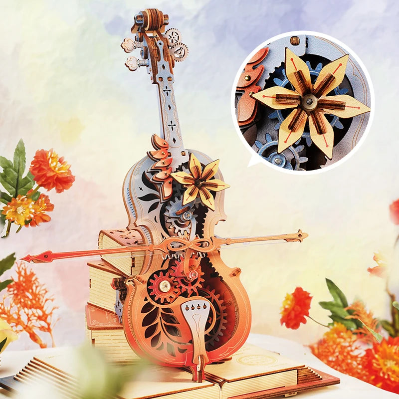 Symphony of dreams mechanical music box 3D wooden puzzle kit, pre-colored DIY build for adults
