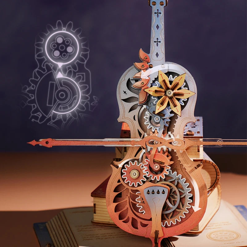 Symphony of dreams mechanical music box 3D wooden puzzle kit, pre-colored DIY build for adults