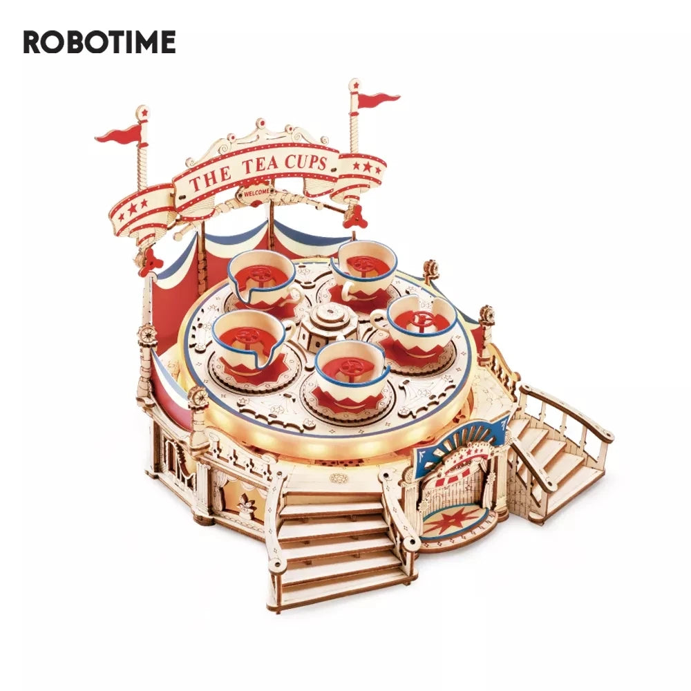 Tilt-A-Whirl tea cup amusement park ride 3D wooden puzzle model kit, moving display