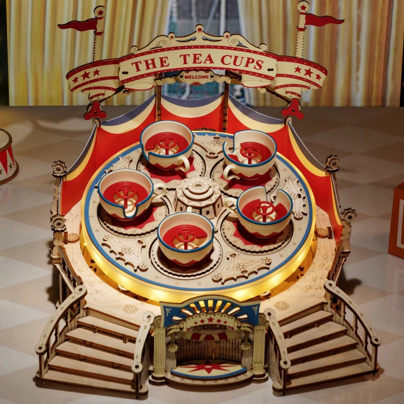 Tilt-A-Whirl tea cup amusement park ride 3D wooden puzzle model kit, moving display