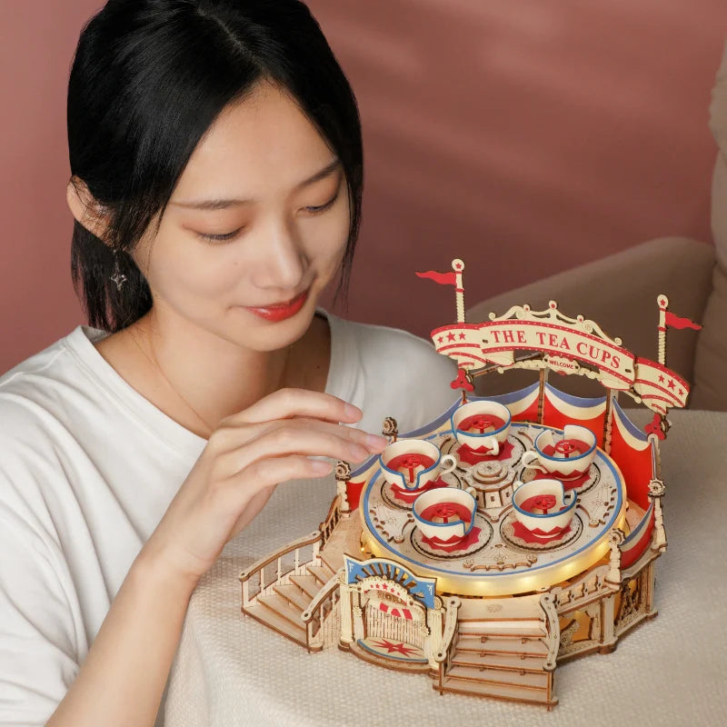 Tilt-A-Whirl tea cup amusement park ride 3D wooden puzzle model kit, moving display