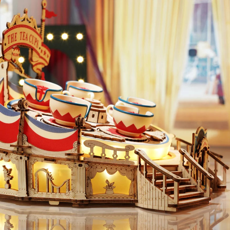 Tilt-A-Whirl tea cup amusement park ride 3D wooden puzzle model kit, moving display