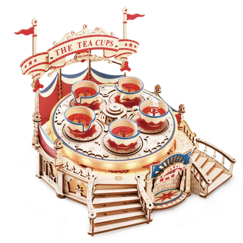 Tilt-A-Whirl tea cup amusement park ride 3D wooden puzzle model kit, moving display