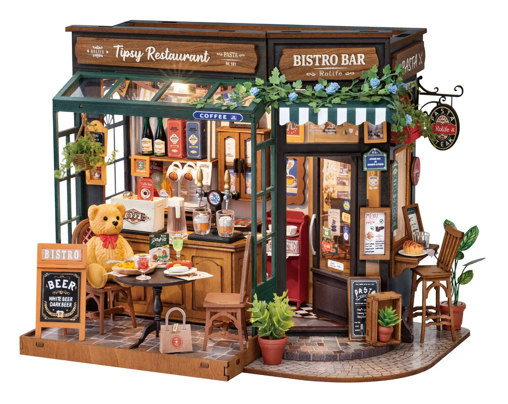 Tipsy restaurant miniature dollhouse 3D wooden puzzle kit, 1:18 DIY model build for adults
