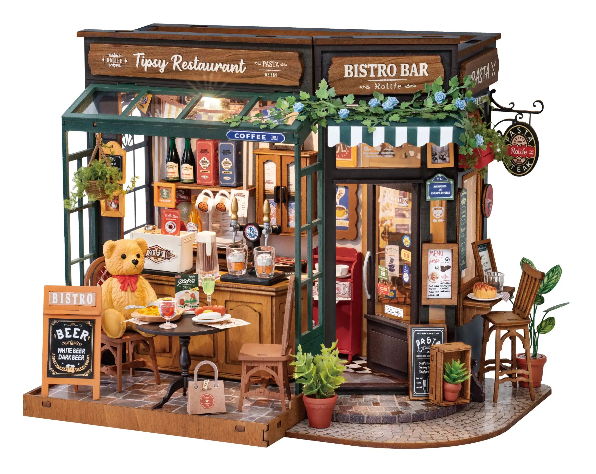 Tipsy restaurant miniature dollhouse 3D wooden puzzle kit, 1:18 DIY model build for adults