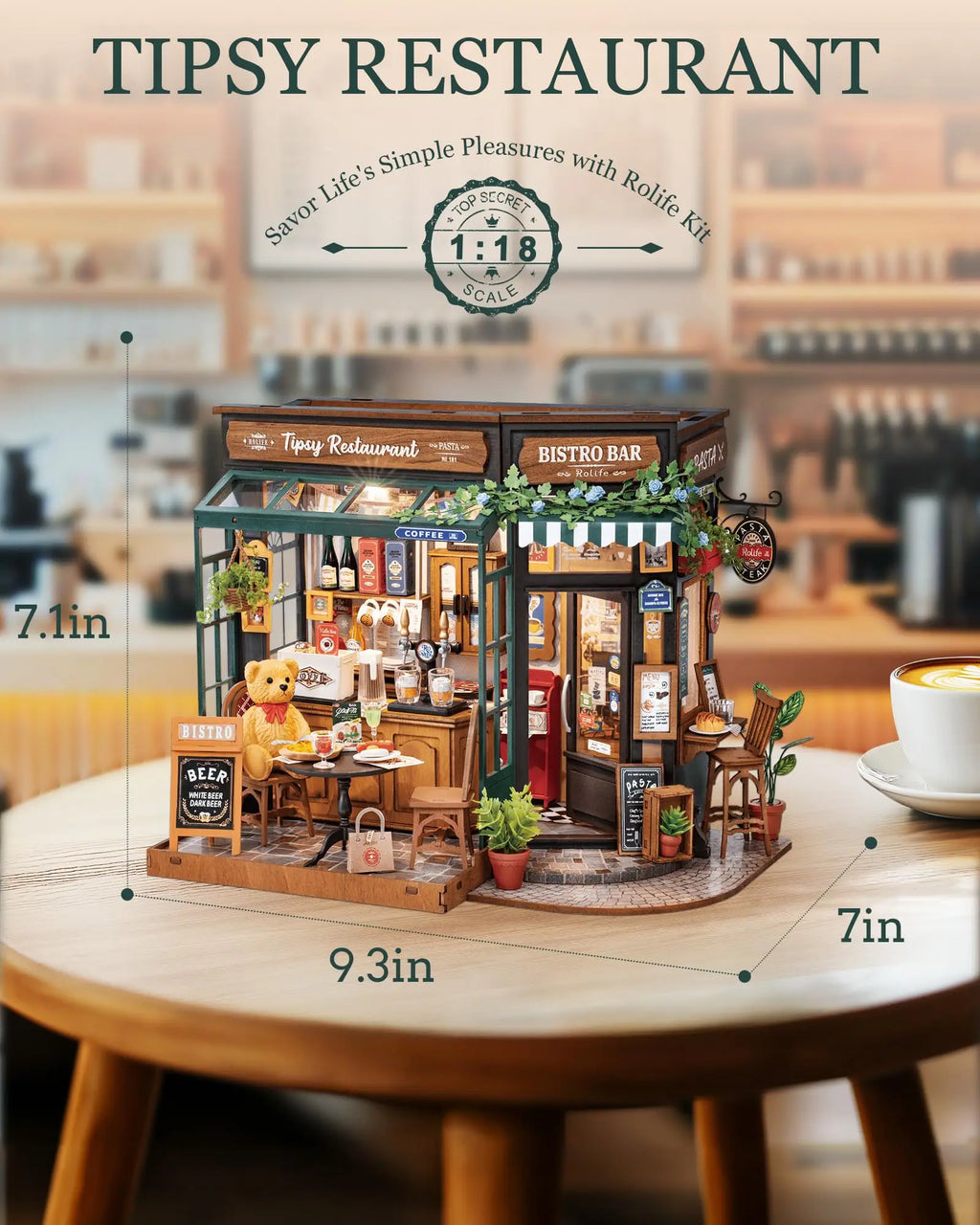 Tipsy restaurant miniature dollhouse 3D wooden puzzle kit, 1:18 DIY model build for adults