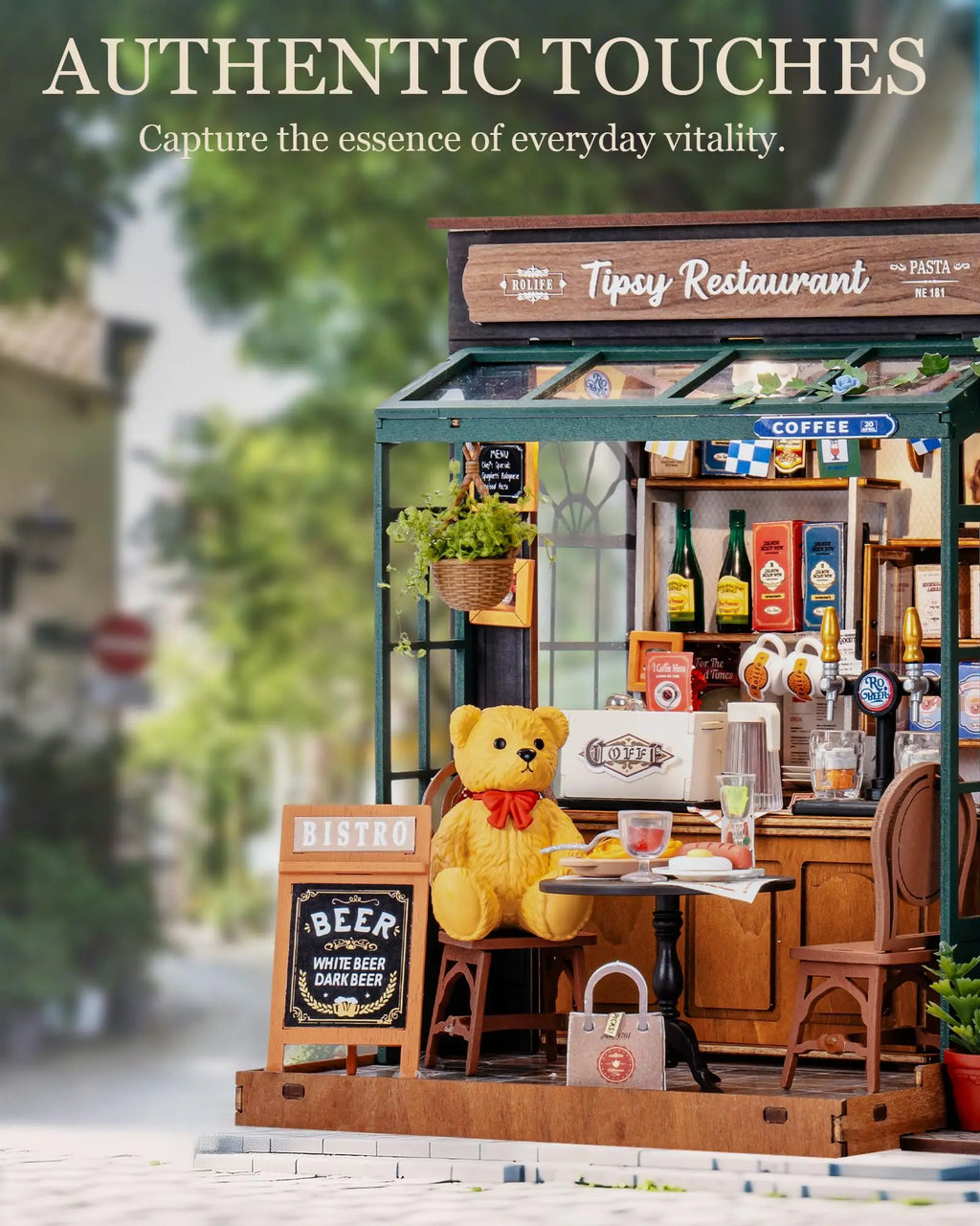 Tipsy restaurant miniature dollhouse 3D wooden puzzle kit, 1:18 DIY model build for adults