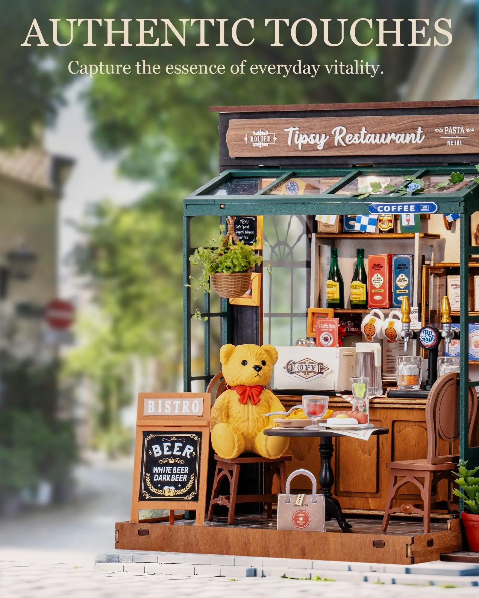Tipsy restaurant miniature dollhouse 3D wooden puzzle kit, 1:18 DIY model build for adults