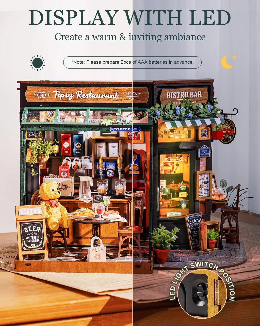 Tipsy restaurant miniature dollhouse 3D wooden puzzle kit, 1:18 DIY model build for adults
