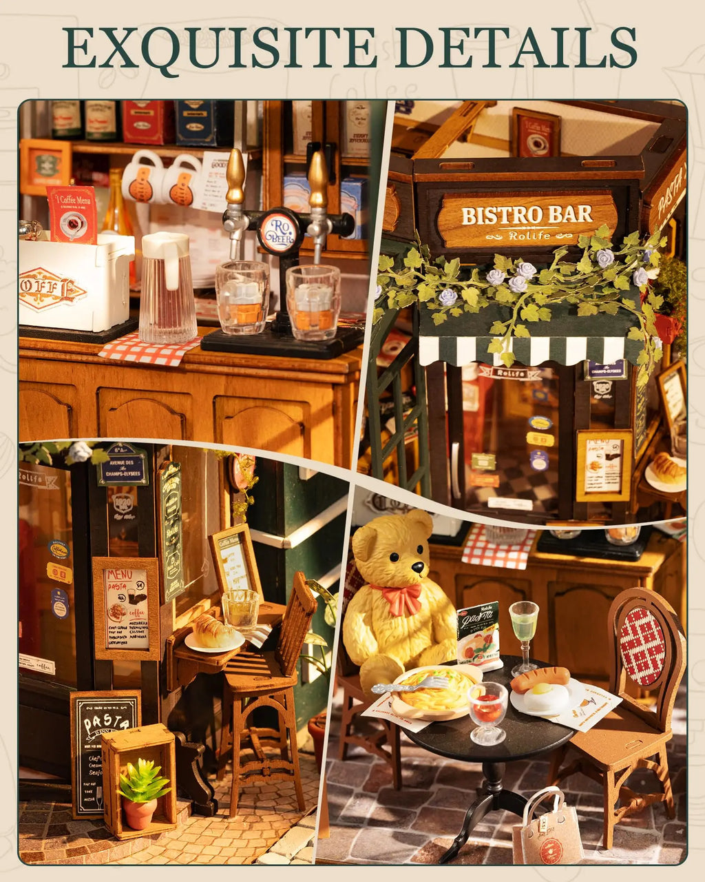 Tipsy restaurant miniature dollhouse 3D wooden puzzle kit, 1:18 DIY model build for adults