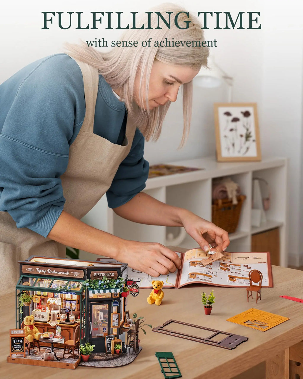 Tipsy restaurant miniature dollhouse 3D wooden puzzle kit, 1:18 DIY model build for adults