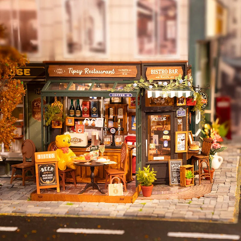 Tipsy restaurant miniature dollhouse 3D wooden puzzle kit, 1:18 DIY model build for adults