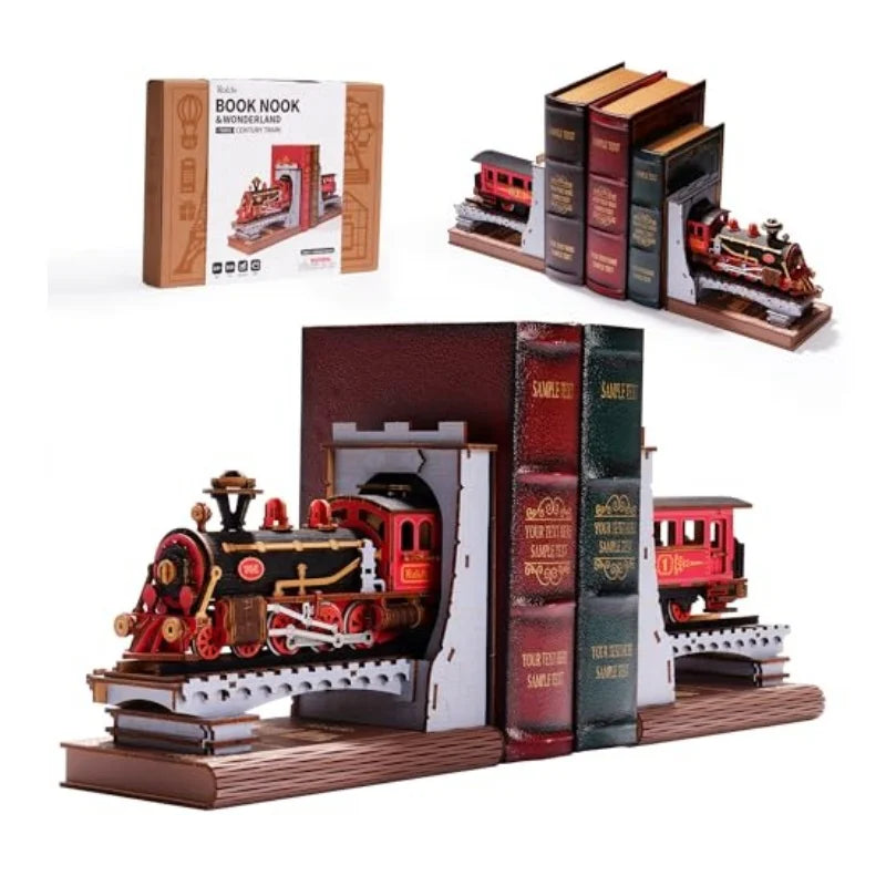 3D wooden vintage train book nook kit, decorative bookend puzzle for adults