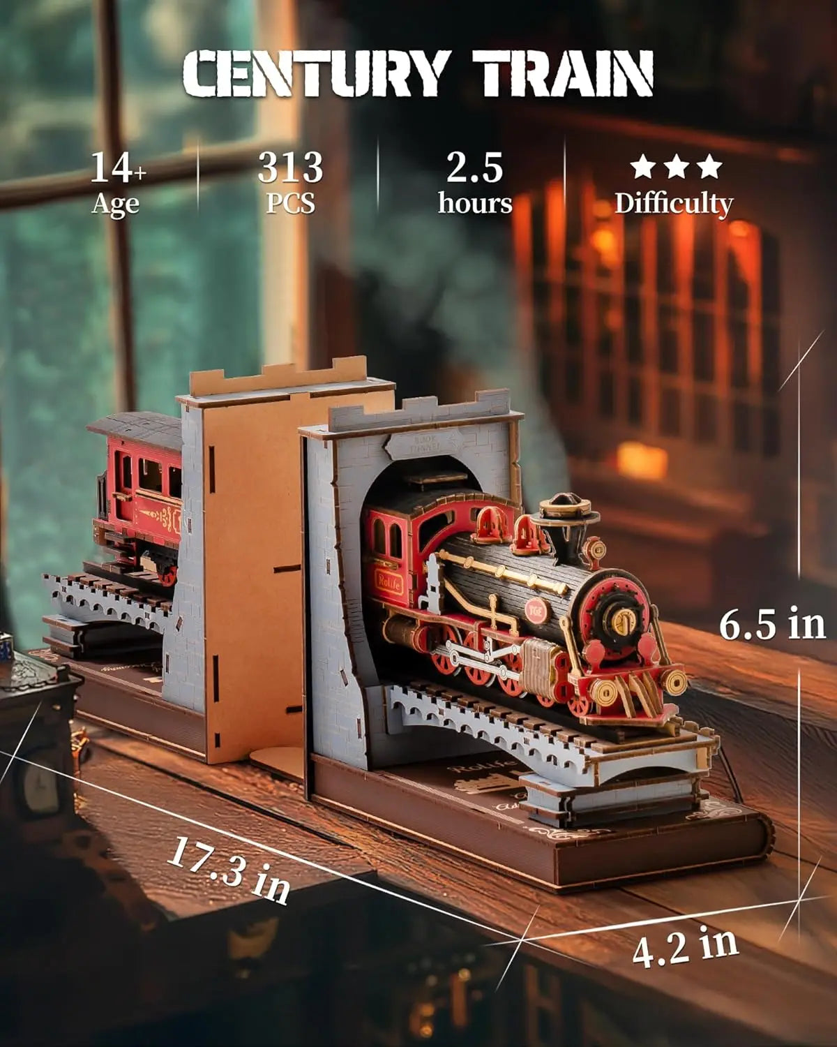 3D wooden vintage train book nook kit, decorative bookend puzzle for adults