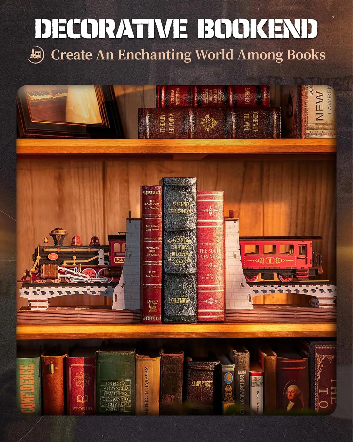 3D wooden vintage train book nook kit, decorative bookend puzzle for adults