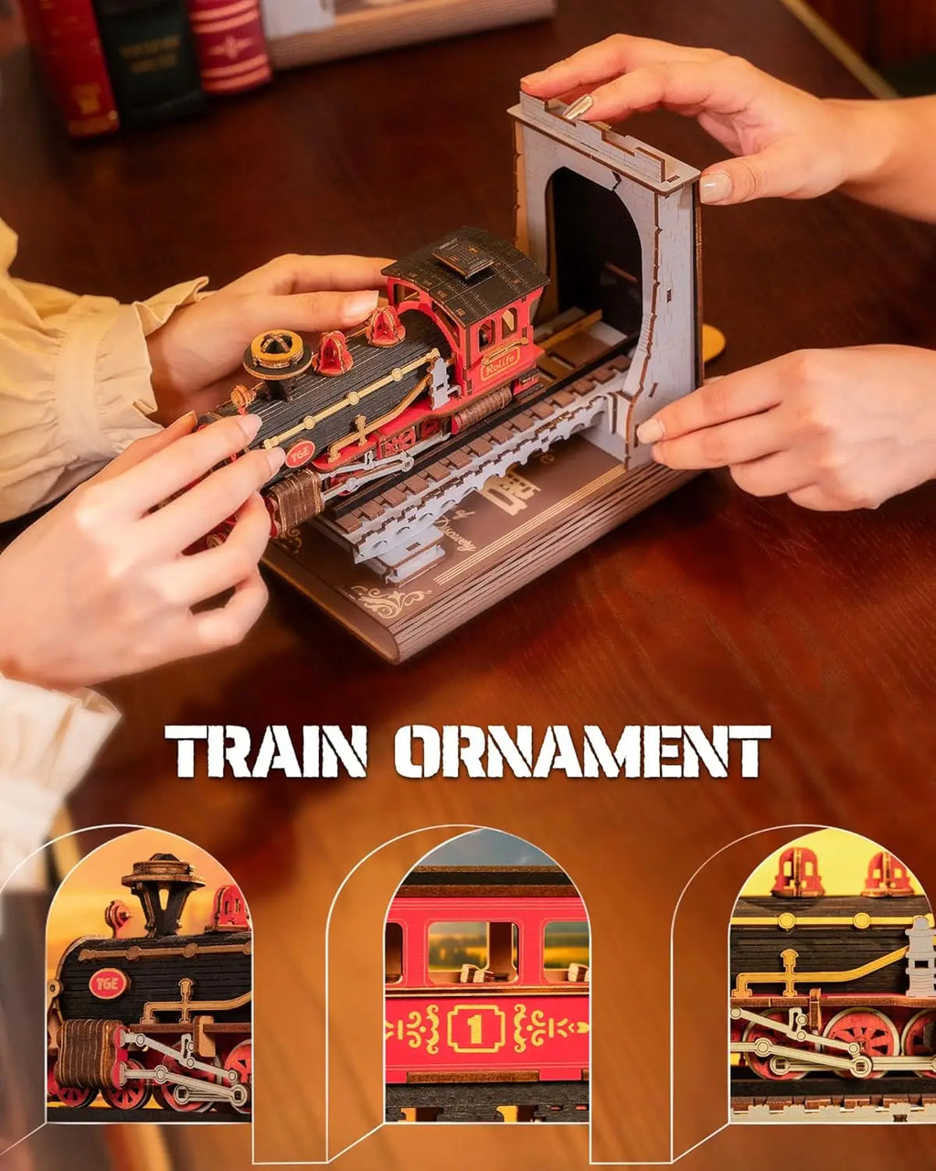 3D wooden vintage train book nook kit, decorative bookend puzzle for adults