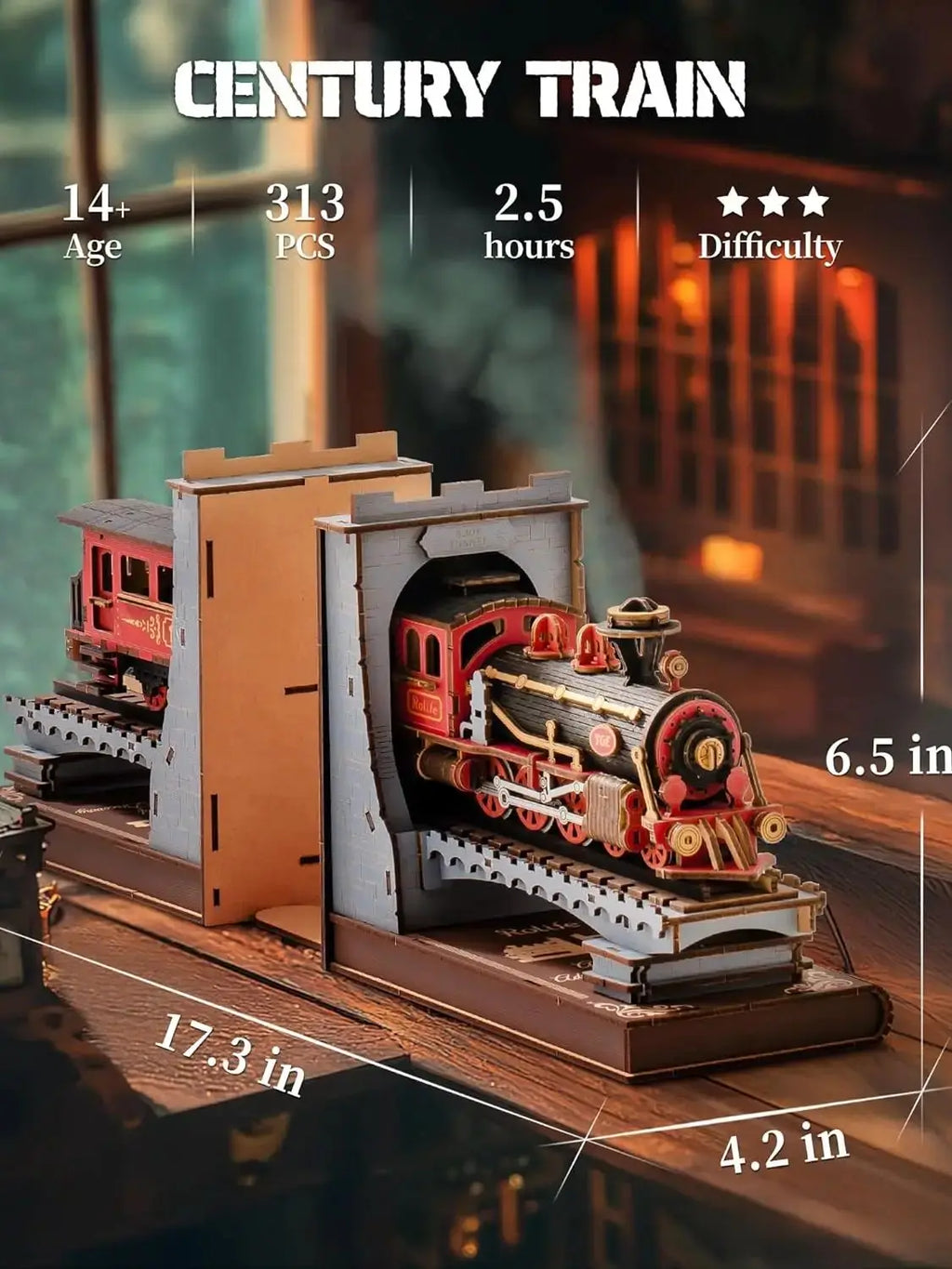 3D wooden vintage train book nook kit, decorative bookend puzzle for adults