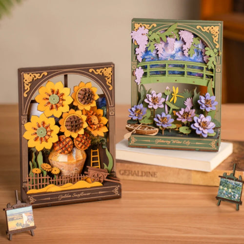 Water lily and golden sunflower 3D wooden flower puzzle with LED light, tabletop wall art
