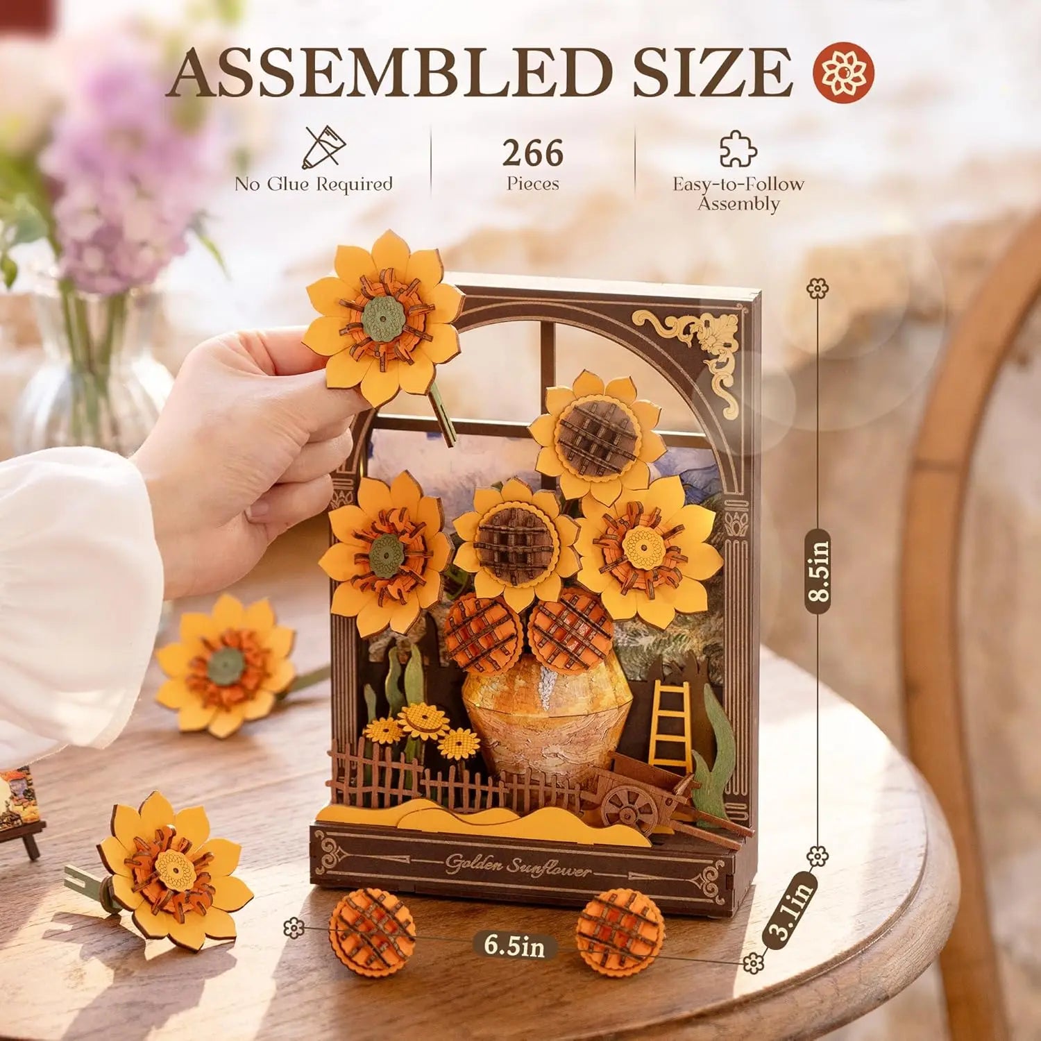 Water lily and golden sunflower 3D wooden flower puzzle with LED light, tabletop wall art