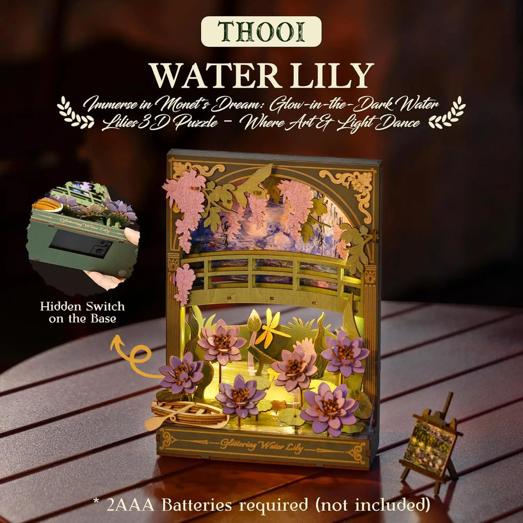 Water lily and golden sunflower 3D wooden flower puzzle with LED light, tabletop wall art