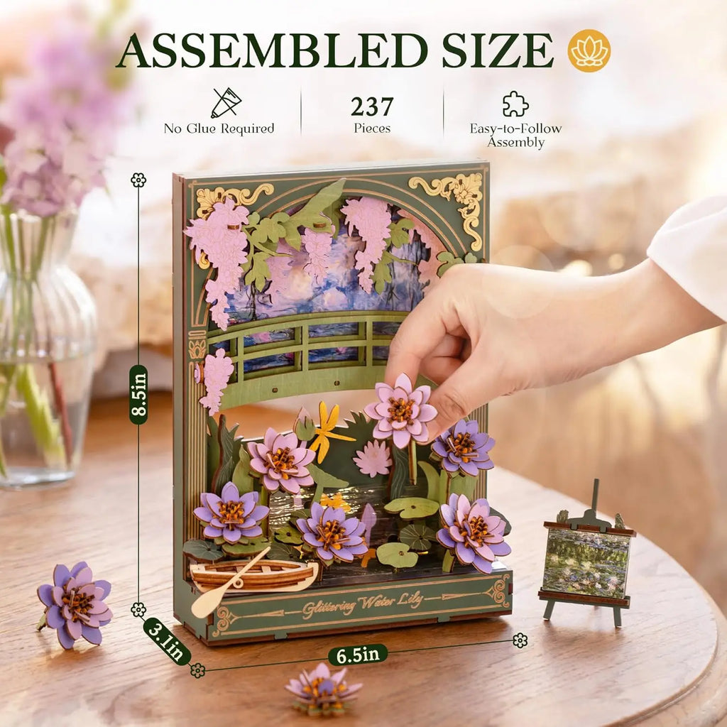 Water lily and golden sunflower 3D wooden flower puzzle with LED light, tabletop wall art