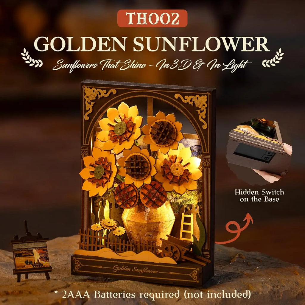 Water lily and golden sunflower 3D wooden flower puzzle with LED light, tabletop wall art