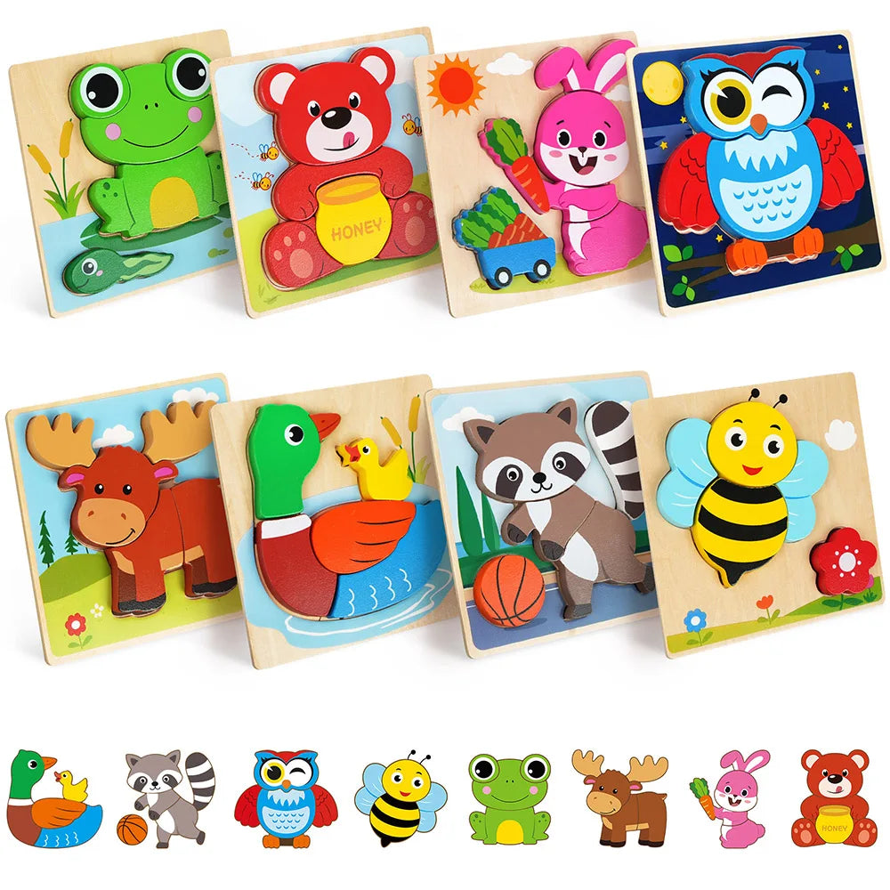 8 pack wooden animal puzzles for toddlers, preschool learning and motor skills toy