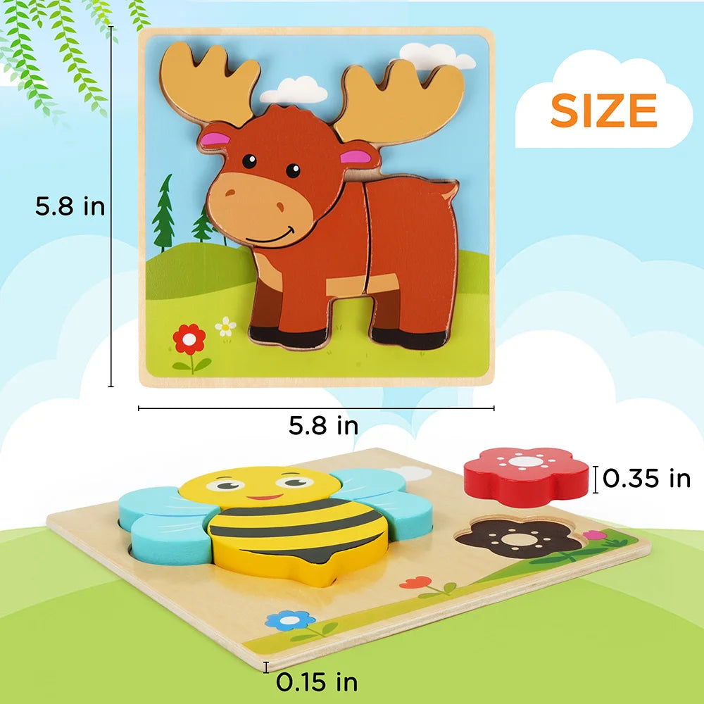 8 pack wooden animal puzzles for toddlers, preschool learning and motor skills toy