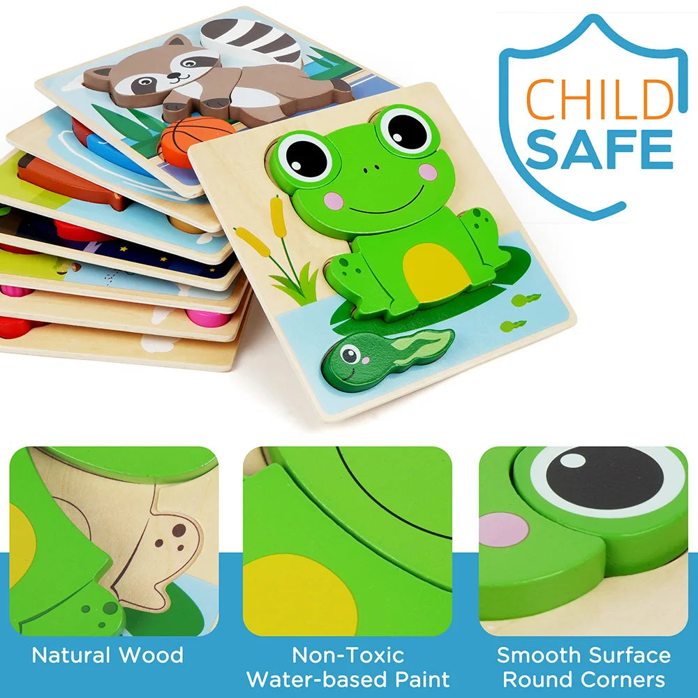 8 pack wooden animal puzzles for toddlers, preschool learning and motor skills toy