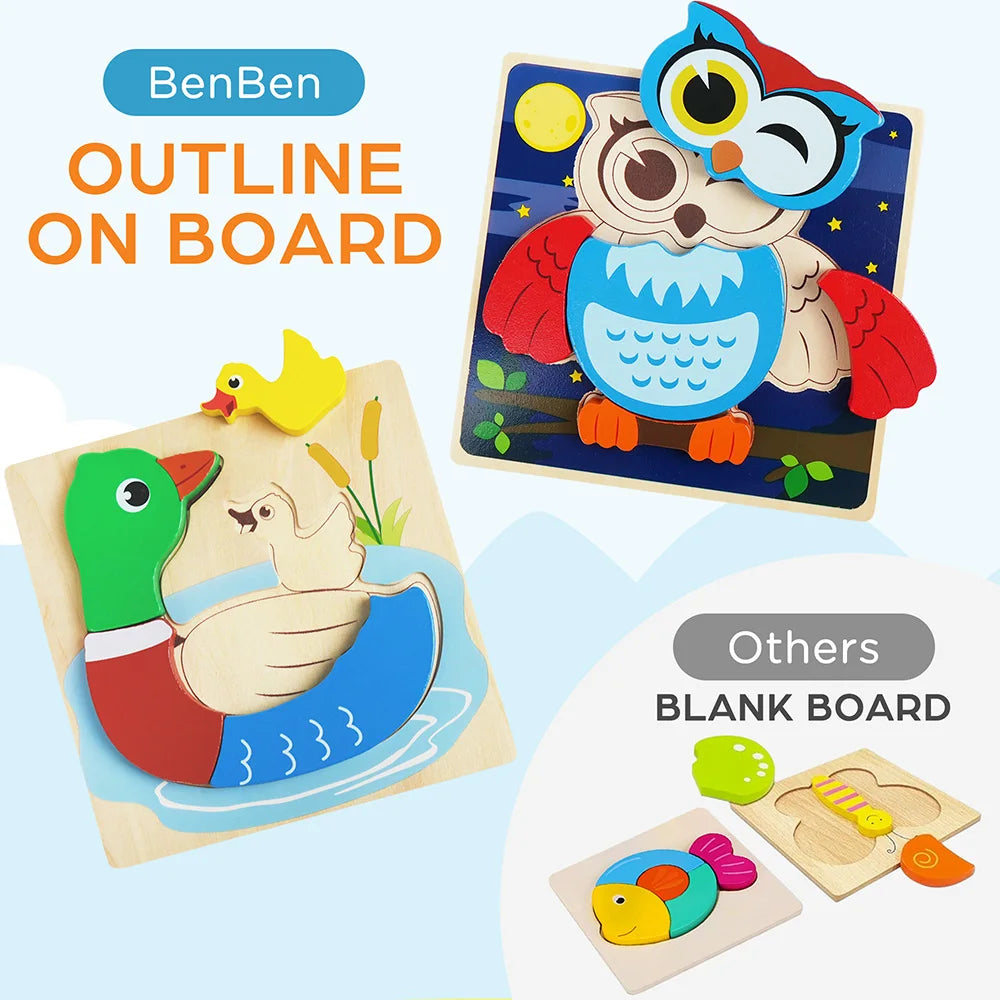8 pack wooden animal puzzles for toddlers, preschool learning and motor skills toy