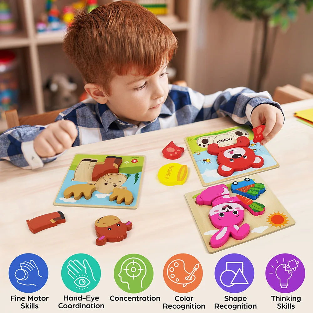 8 pack wooden animal puzzles for toddlers, preschool learning and motor skills toy