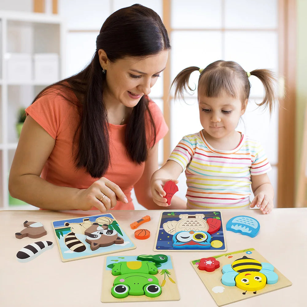 8 pack wooden animal puzzles for toddlers, preschool learning and motor skills toy