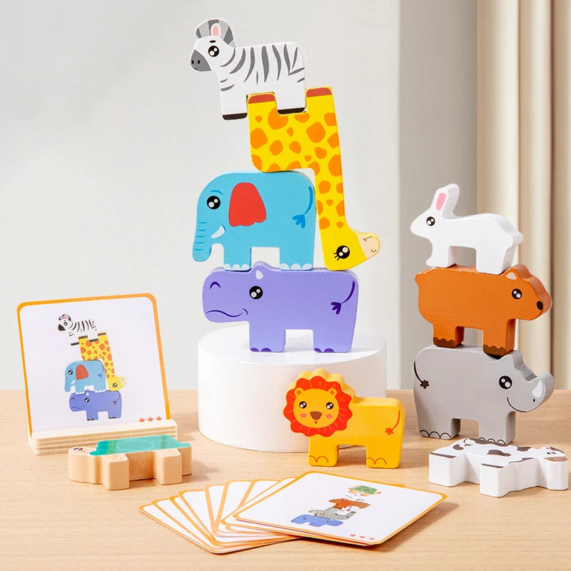 Wooden animal stacking block game, Montessori shape matching and balance toy for kids